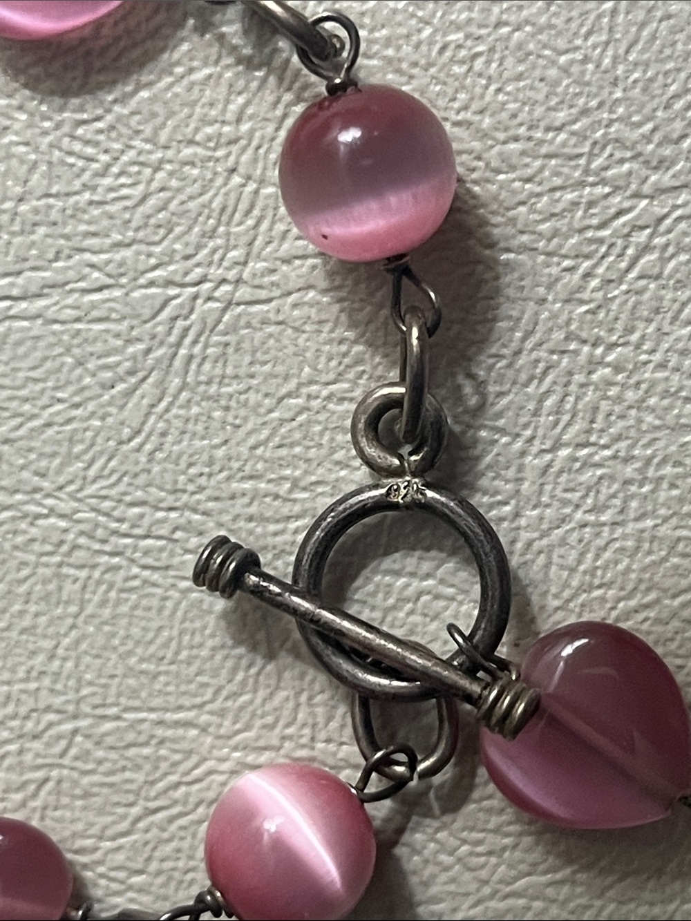 925 sterling Pink Heart & Bead Link Bracelet with Toggle Clasp - Picture 2 of 4